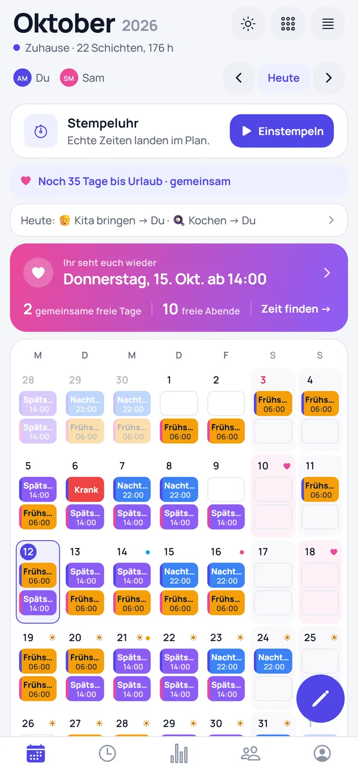 Monatsplan in der Schichtplaner-App mit zwei Personen